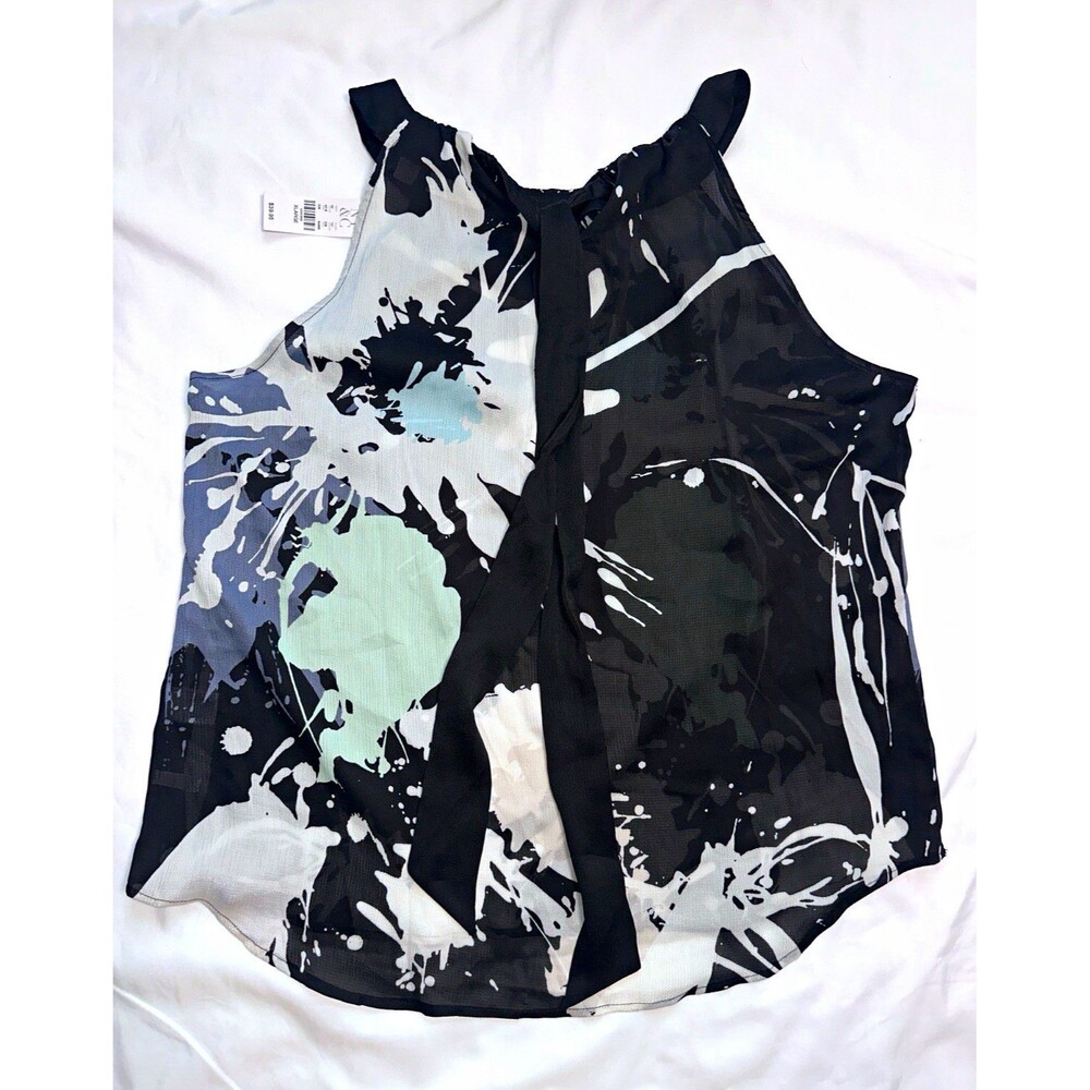 New York & Company XL Black White Gray Abstract Chiffon V-Neck Tie Blouse